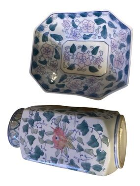 Chinoiserie tall porcelain rose vase and bowl vintage